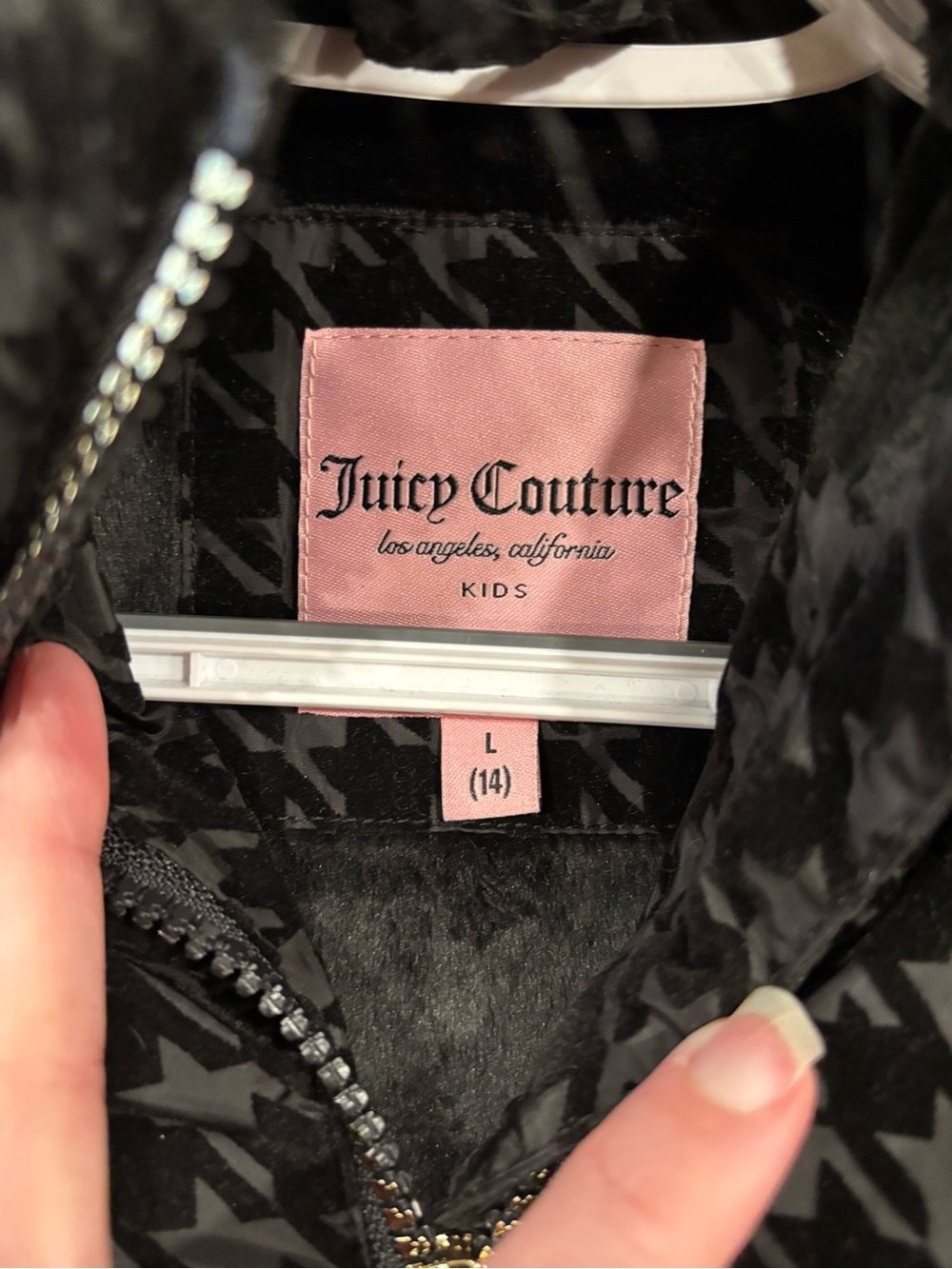 Juicy Couture Kids Black Puffer Jacket with Pink Label and Fur Trimmed Hood